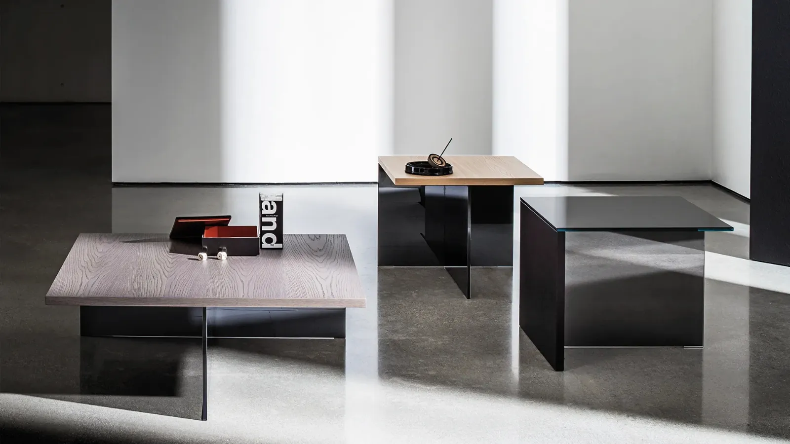 Regolo Square side tables with wood or glass top in Black and smoked glass base by Sovet