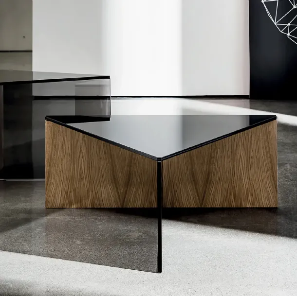 Regolo Triangular Coffee Table with Black Glass Top and Wood and Smoked Glass Base by Sovet