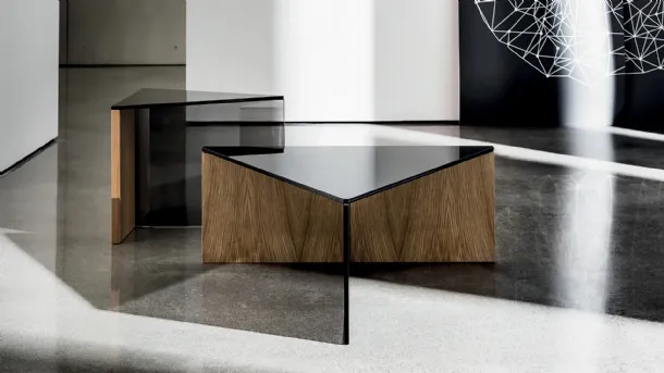 Regolo Triangular Coffee Table with Black Glass Top and Wood and Smoked Glass Base by Sovet
