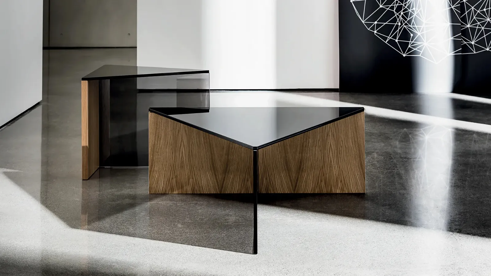 Regolo Triangular Coffee Table with Black Glass Top and Wood and Smoked Glass Base by Sovet