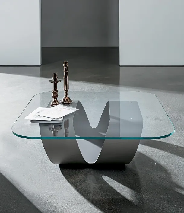 Ring design coffee table with glass top and curved metal sheet structure by Sovet