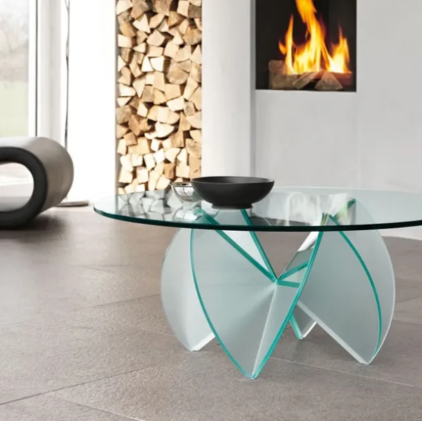 Round coffee table in transparent glass with Rosa del Deserto acidated glass base by Tonelli