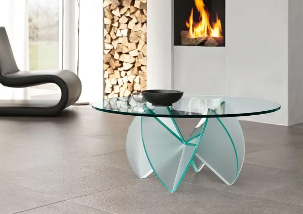 Round coffee table in transparent glass with Rosa del Deserto acidated glass base by Tonelli