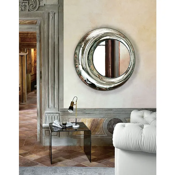 Rosy Mirror with a back-silvered fused glass frame by Fiam