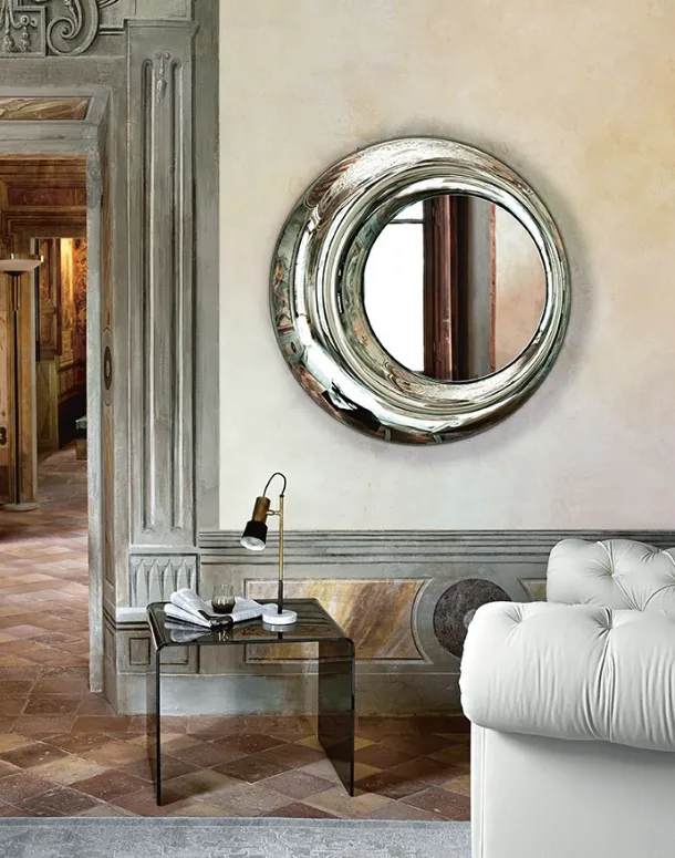 Rosy Mirror with a back-silvered fused glass frame by Fiam