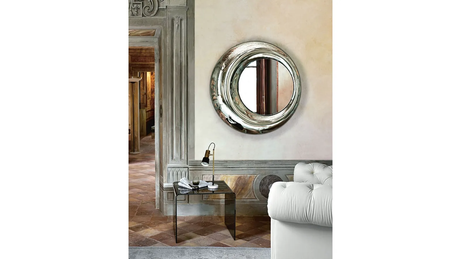 Rosy Mirror with a back-silvered fused glass frame by Fiam