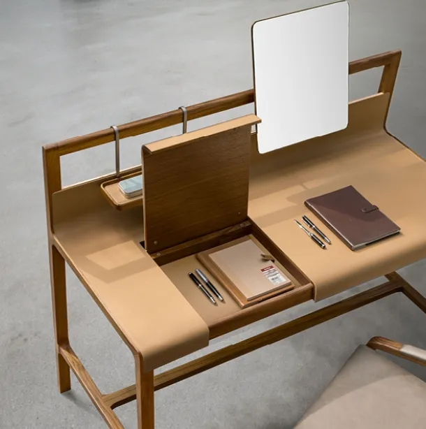 Scribe Desk in solid wood with Alivar leather-covered top