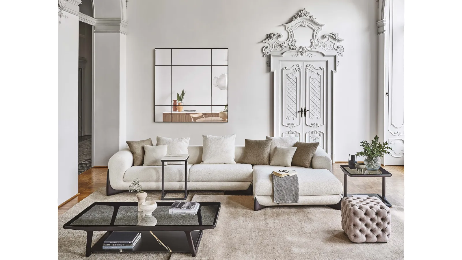 Solid ash coffee table with a glass top and a marble lower shelf, Script 150 by Porada