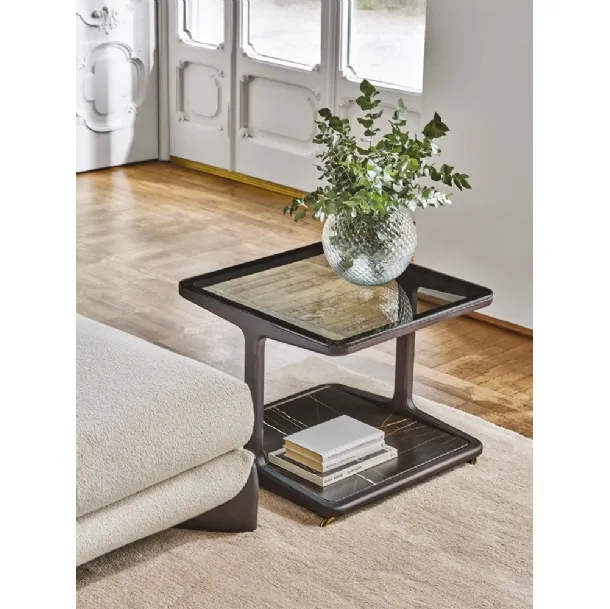 Solid ash coffee table with a glass top and a lower marble shelf, Script 150 by Porada