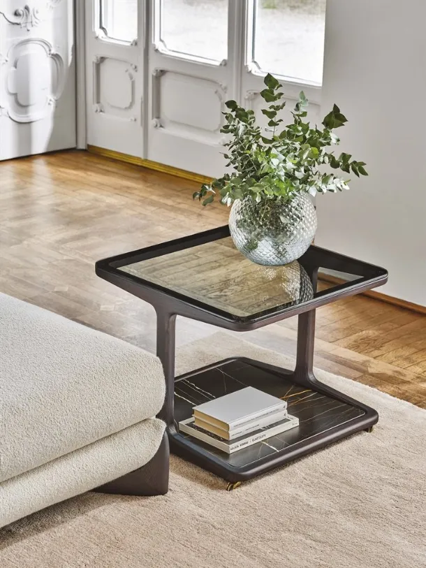 Solid ash coffee table with a glass top and a lower marble shelf, Script 150 by Porada