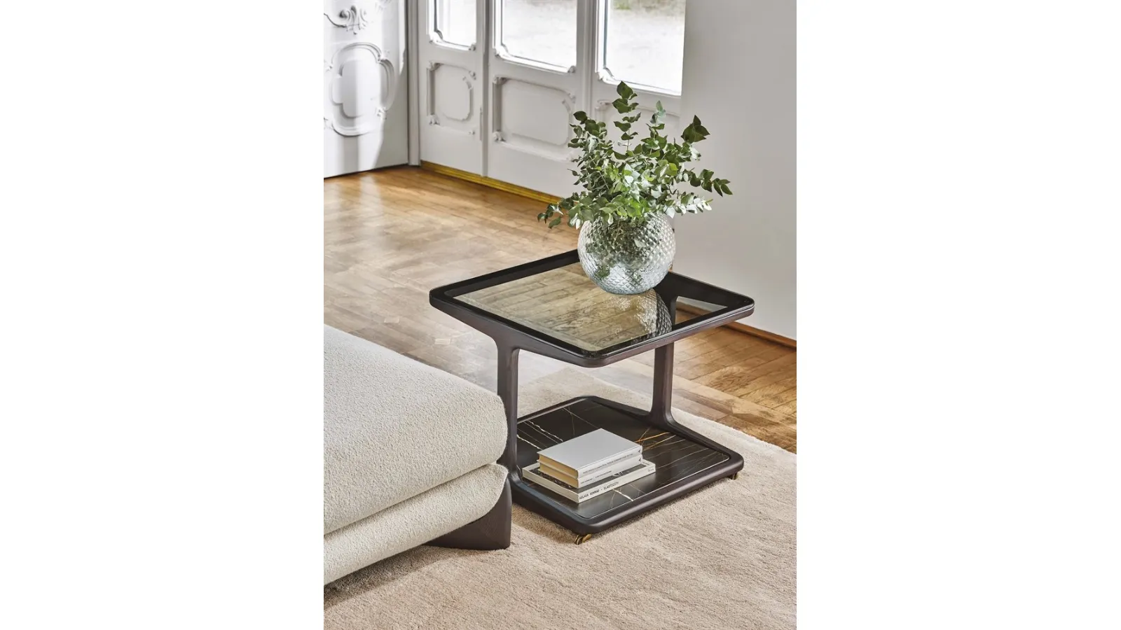 Solid ash coffee table with a glass top and a lower marble shelf, Script 150 by Porada
