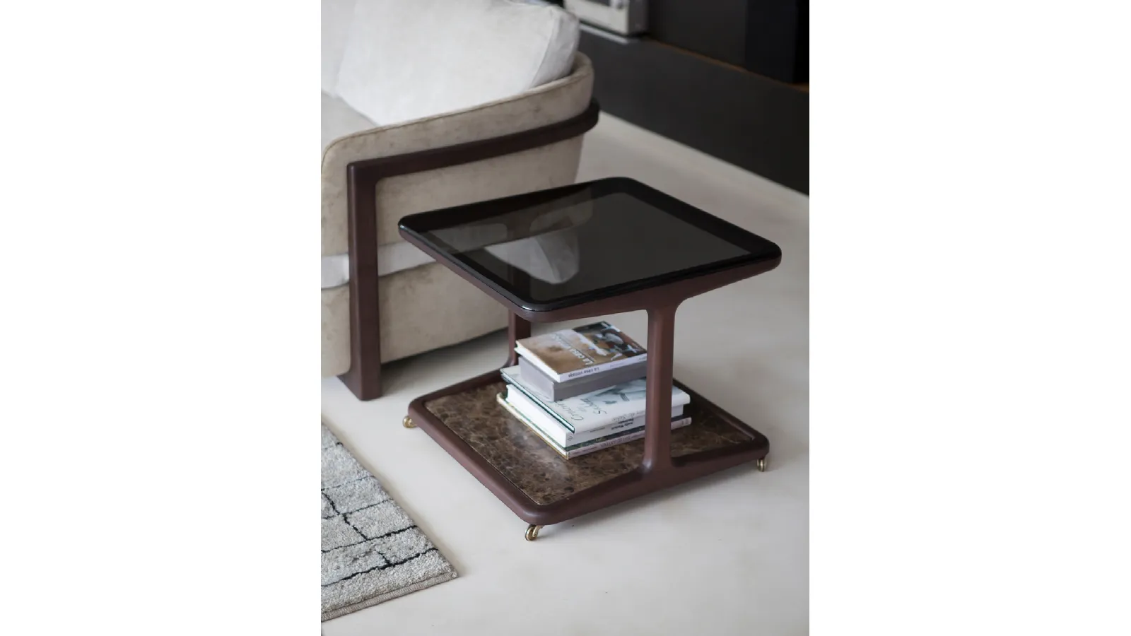 Solid ash coffee table with a glass top and a lower marble shelf, Script 150 by Porada