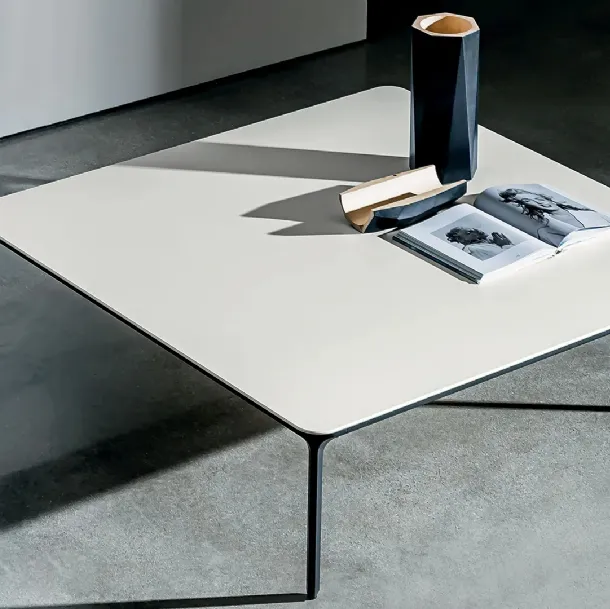 Slim H37 square side table with acid-etched glass top and aluminum base by Sovet