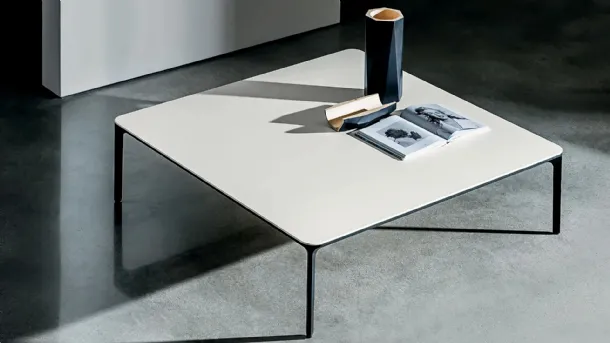 Slim H37 square side table with acid-etched glass top and aluminum base by Sovet