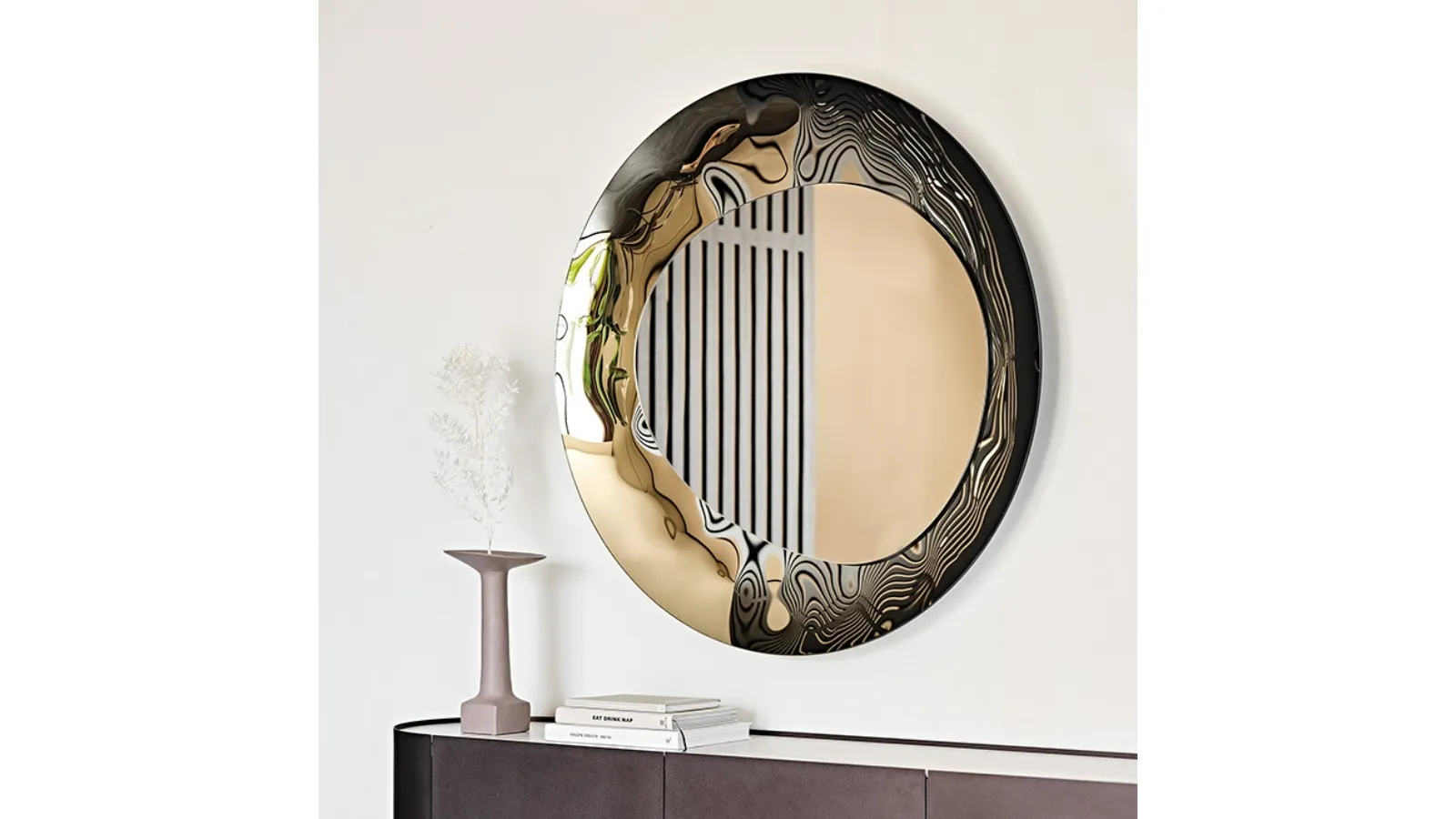 Cosmos wall mirror entirely made of smoked and bronze mirrored glass by Cattelan Italia