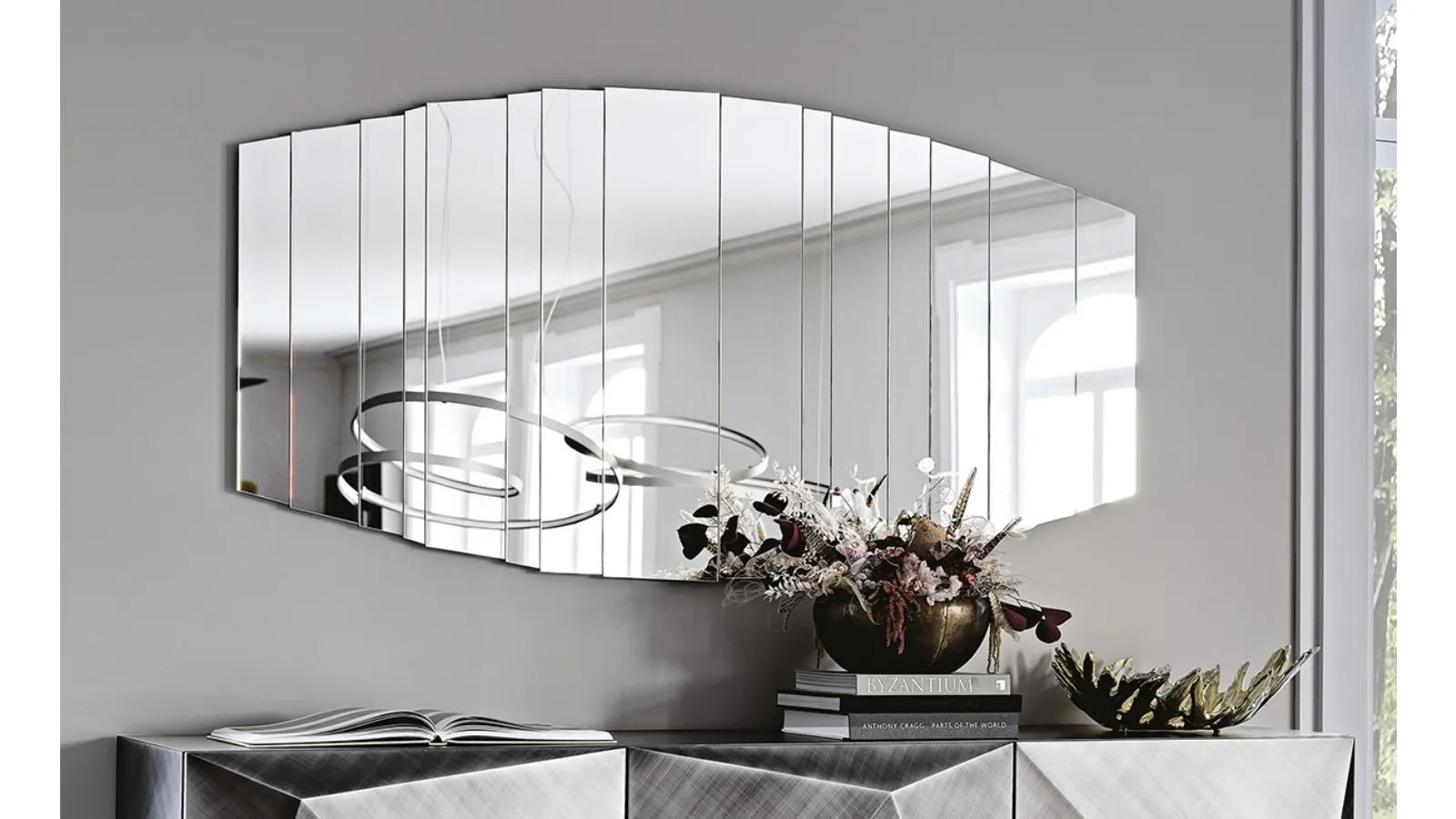 Wall mirror composed of mirrored crystal slats arranged side by side Stripes by Cattelan Italia