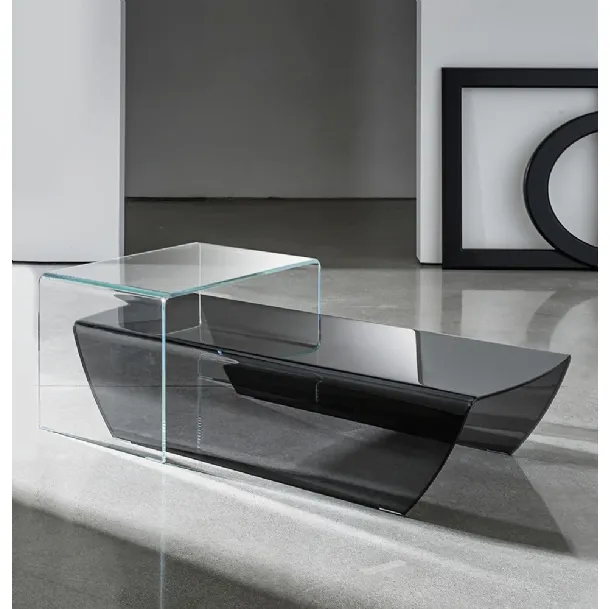 Taky design coffee table in transparent extra-clear or smoked curved glass by Sovet