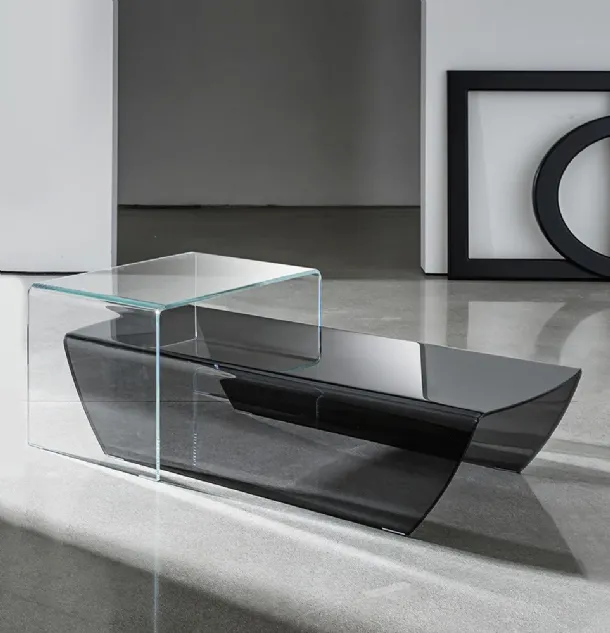 Taky design coffee table in transparent extra-clear or smoked curved glass by Sovet