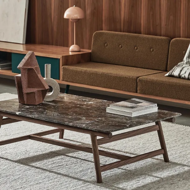Giano coffee table with marble top and solid wood frame by Flexform