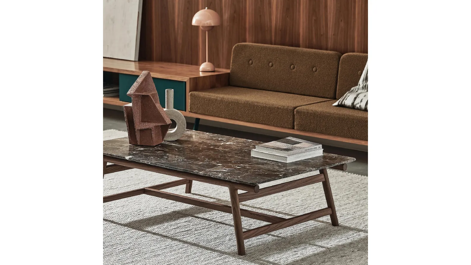 Giano coffee table with marble top and solid wood frame by Flexform