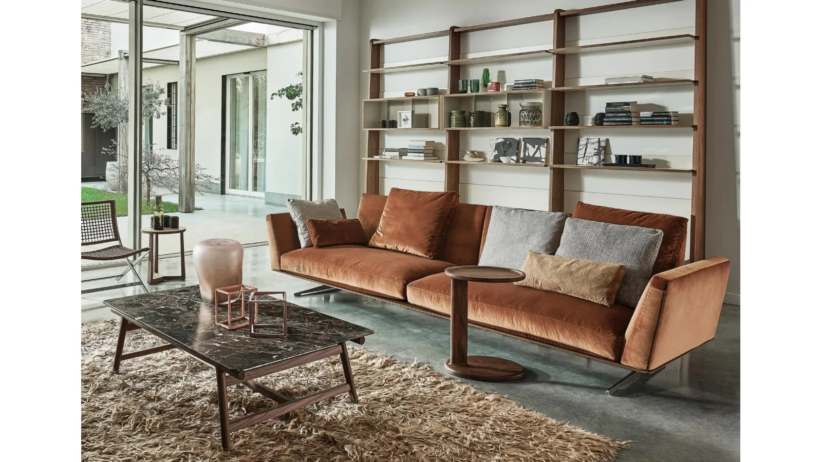 Giano coffee table with marble top and solid wood structure by Flexform