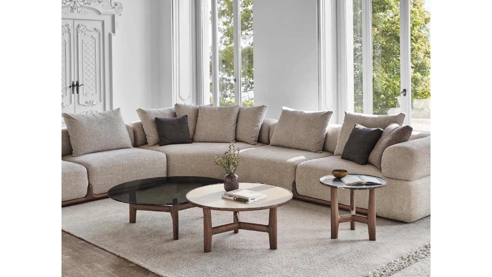Tillow coffee table with wooden base and marble or glass top by Porada