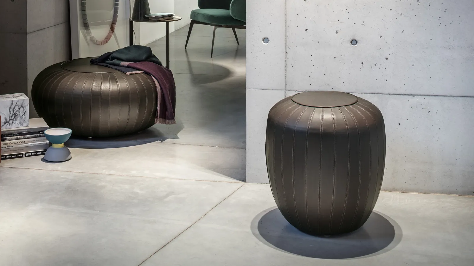 Leather pouf with exposed seams Tod by Lema