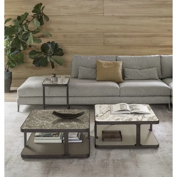 Toledo side tables with marble or ceramic top coupled with glass and solid wood base by Alivar