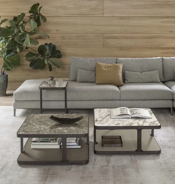 Toledo side tables with marble or ceramic top coupled with glass and solid wood base by Alivar