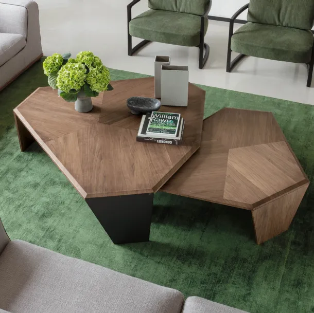 Asymmetrically shaped coffee table in Canaletto walnut with Tortuga cross-inlay veneer by Porada