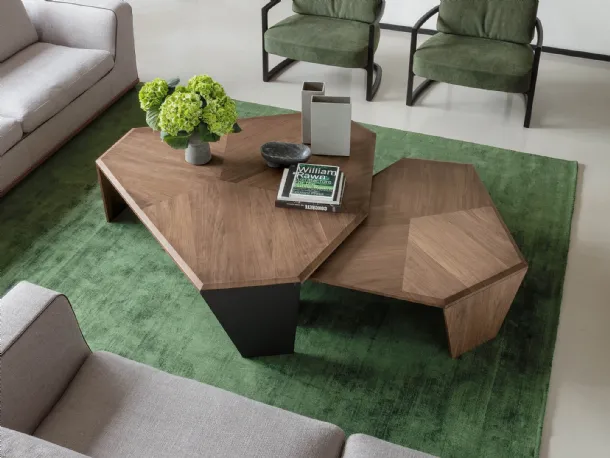 Asymmetrically shaped coffee table in Canaletto walnut with Tortuga cross-inlay veneer by Porada