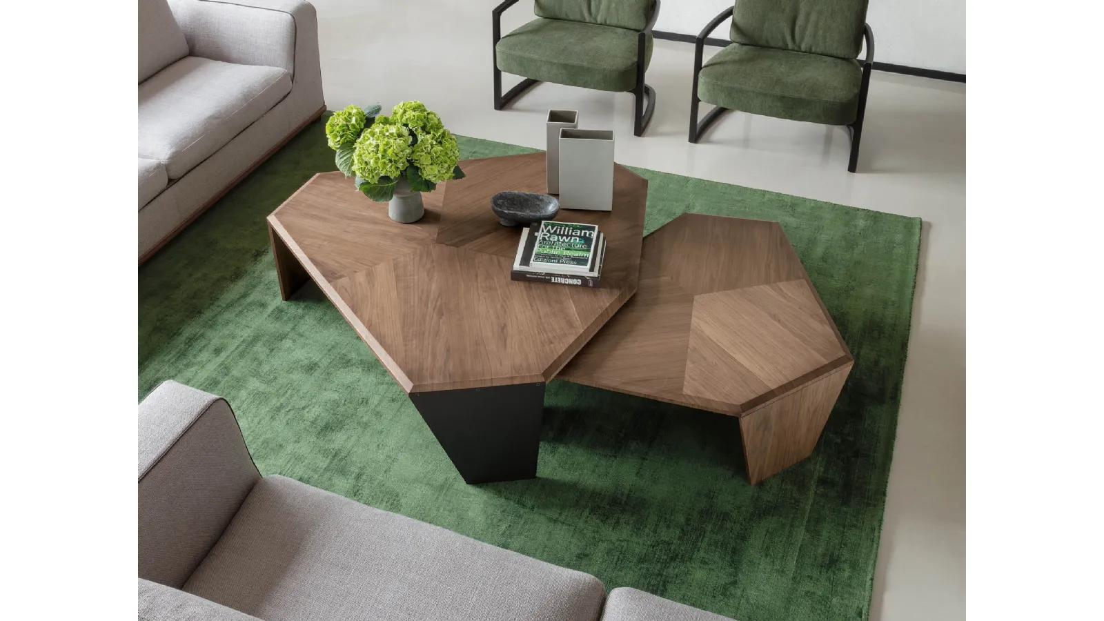 Asymmetrically shaped coffee table in Canaletto walnut with Tortuga cross-inlay veneer by Porada