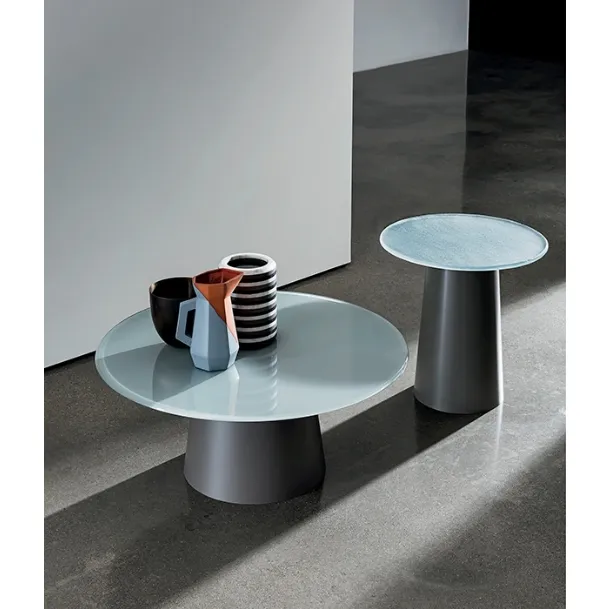 Totem round coffee table with glass top and metal base by Sovet