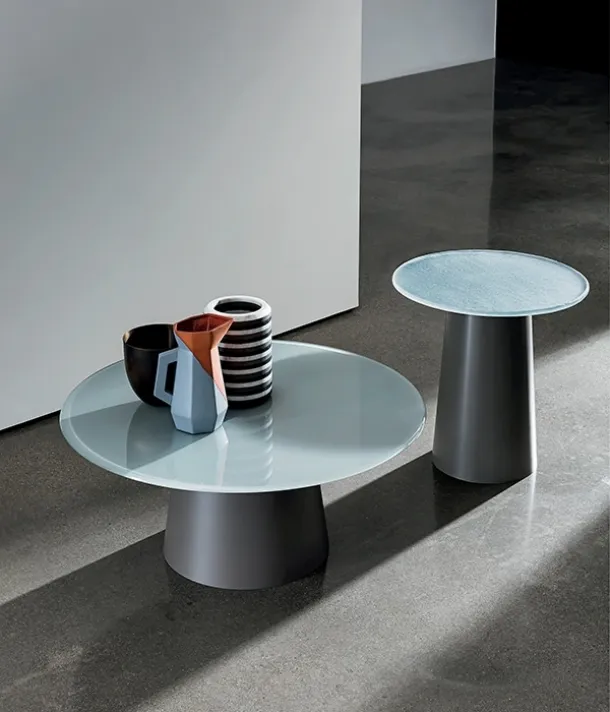 Totem round coffee table with glass top and metal base by Sovet