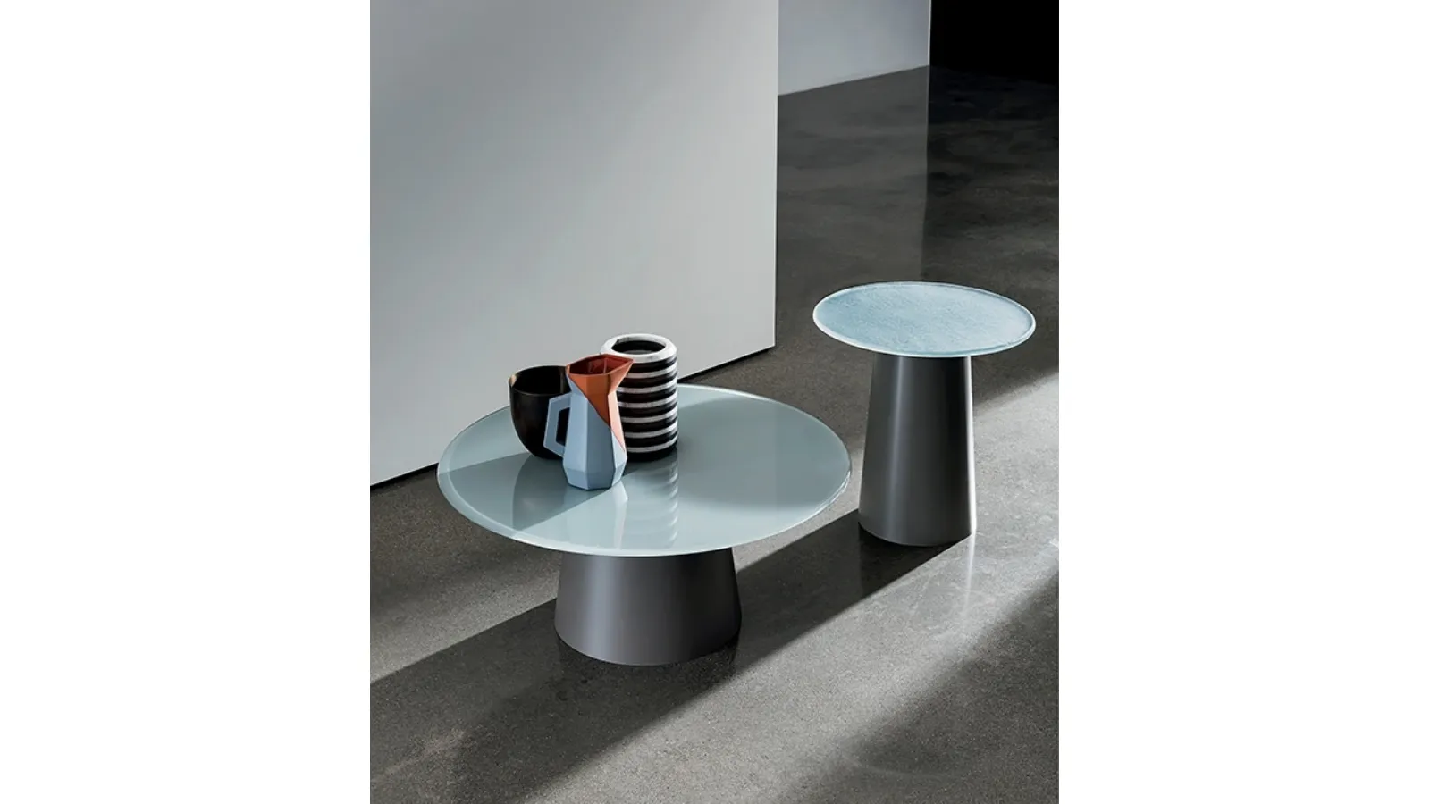 Totem round coffee table with glass top and metal base by Sovet