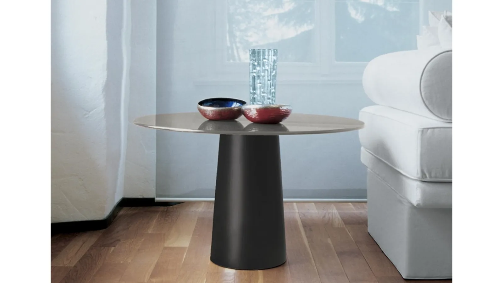 Totem round coffee table with glass top and metal base by Sovet