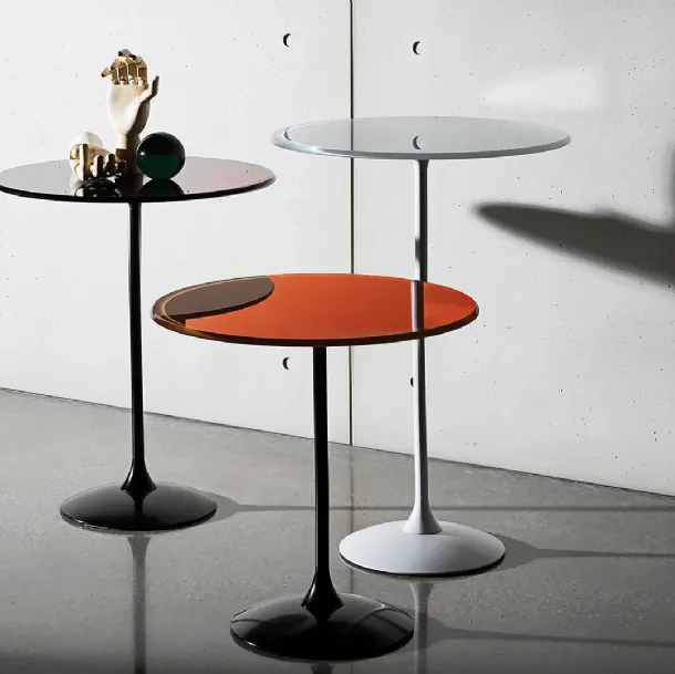 Tulip side tables with round glass top and lacquered metal base by Sovet