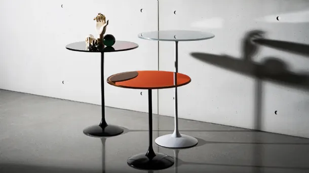 Tulip side tables with round glass top and lacquered metal base by Sovet