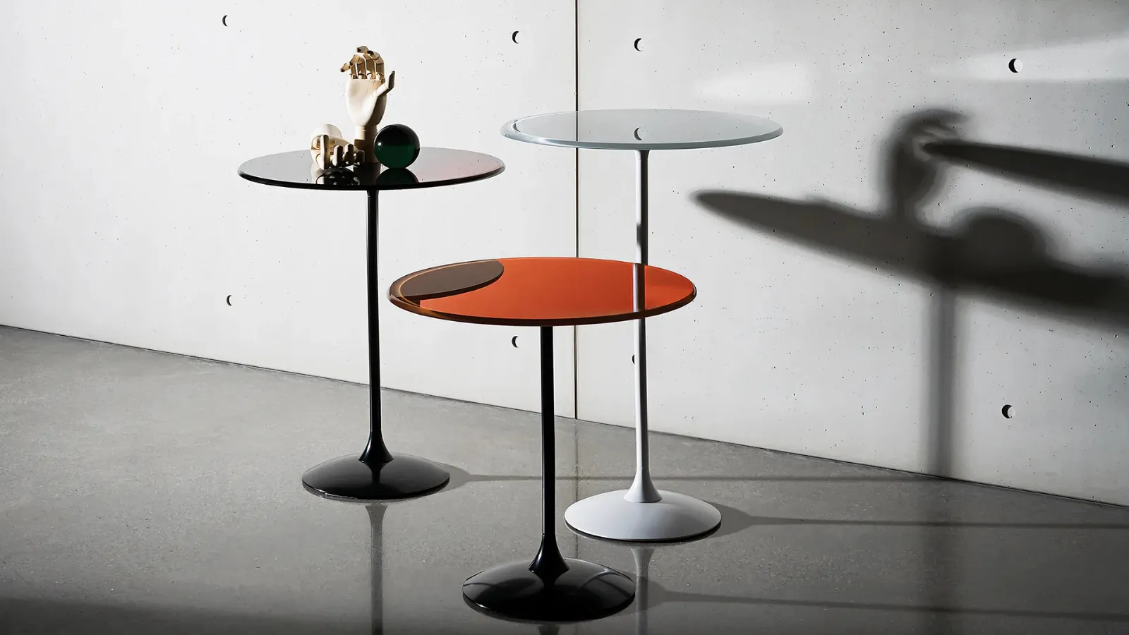 Tulip side tables with round glass top and lacquered metal base by Sovet