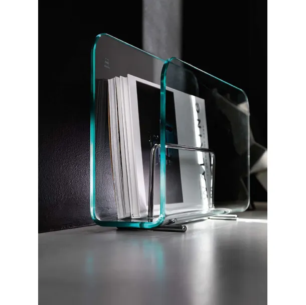 Curved transparent glass magazine holder with chrome steel rests Vogue by Fiam
