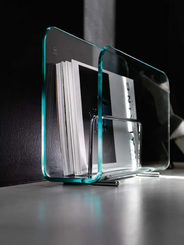 Curved transparent glass magazine holder with chrome steel rests Vogue by Fiam