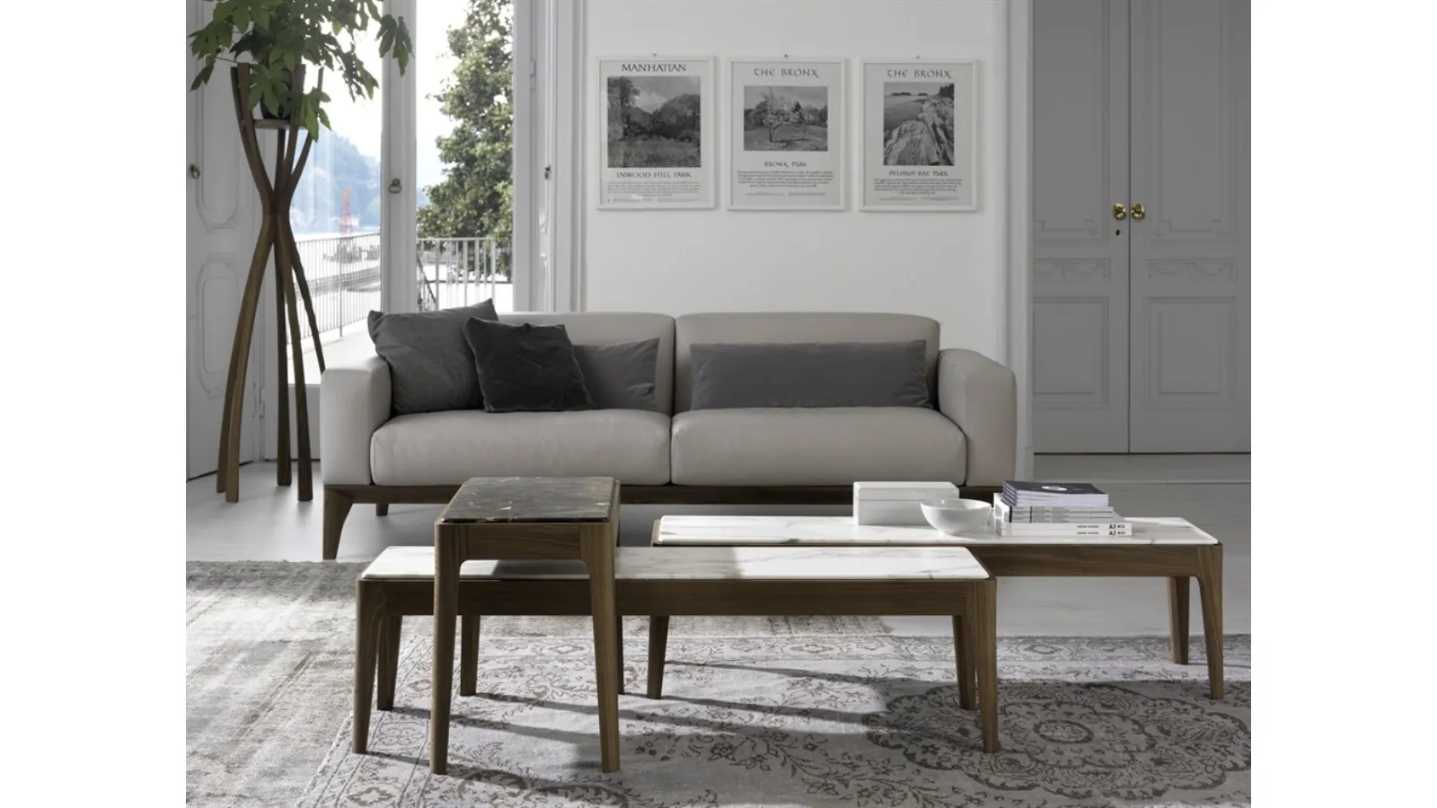 Coffee tables with marble top and Canaletto walnut structure Ziggy by Porada