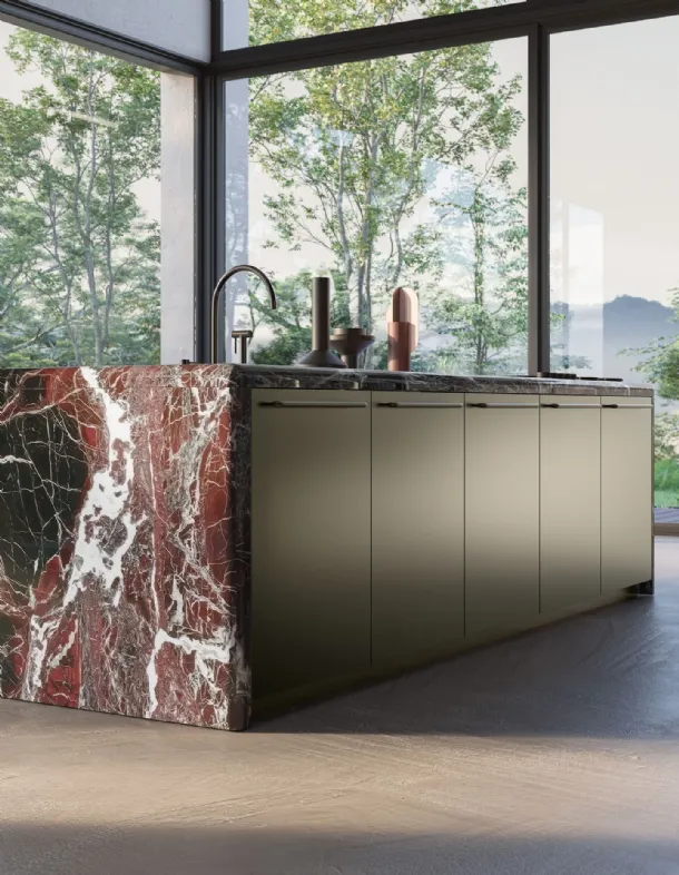 Antis Project 1 Design Kitchen in metallic lacquered Bronze and polished Rosso Lepanto marble by Euromobil