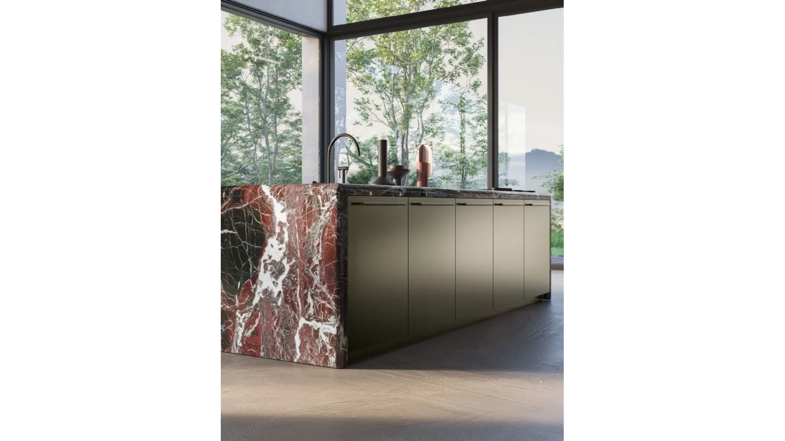 Antis Project 1 Design Kitchen in metallic lacquered Bronze and polished Rosso Lepanto marble by Euromobil