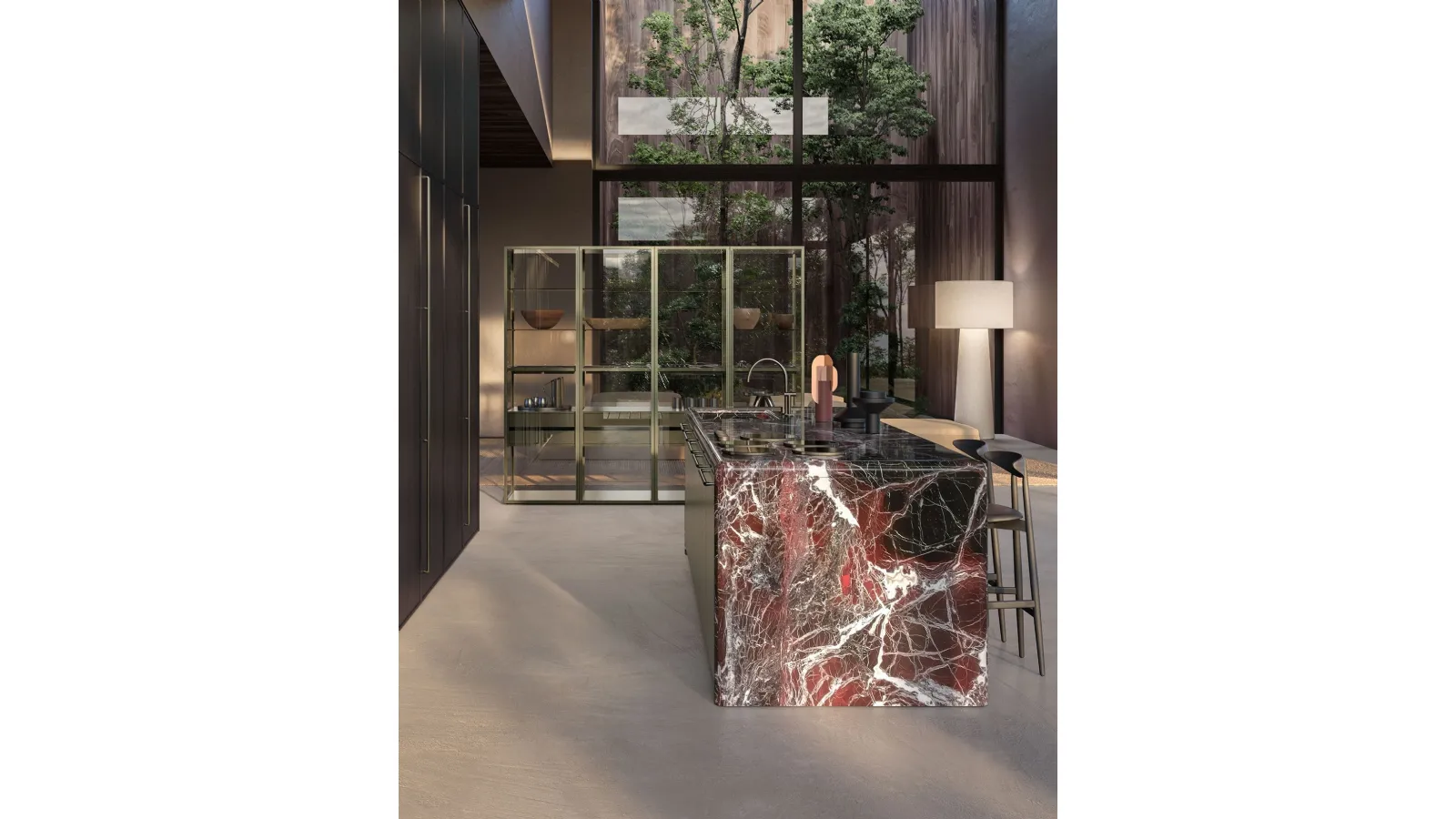 Antis Project 1 Design Kitchen in metallic lacquered Bronze and polished Rosso Lepanto marble by Euromobil