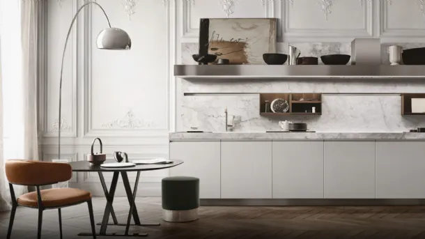 Beta linear design kitchen in white lacquered finish and Arclinea marble