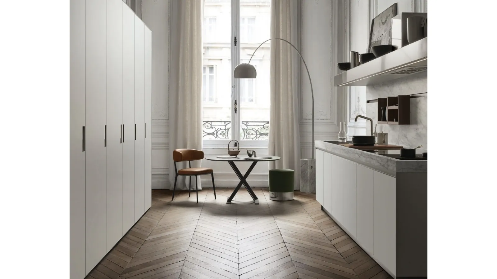Beta linear design kitchen in white lacquer and Arclinea marble
