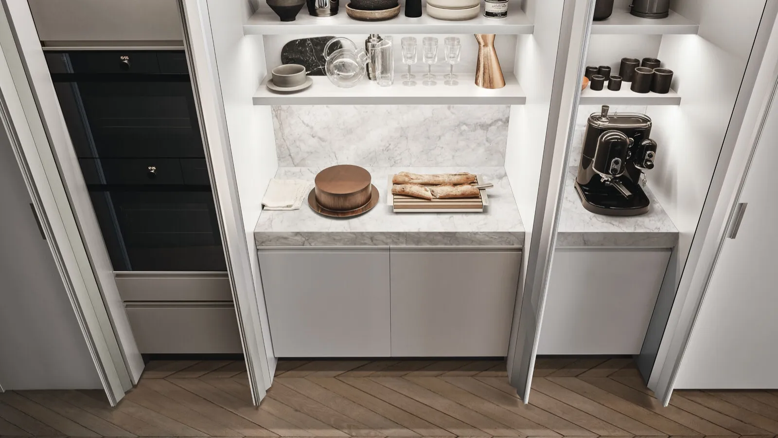 Beta linear design kitchen in white lacquer and Arclinea marble