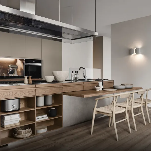 Design Kitchen in steel, wood, and Fenix NTM® hazelnut Convivium with integrated snack by Arclinea