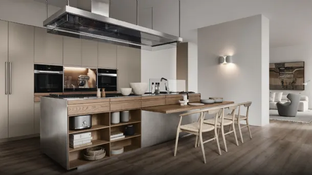 Design Kitchen in steel, wood, and Fenix NTM® hazelnut Convivium with integrated snack by Arclinea
